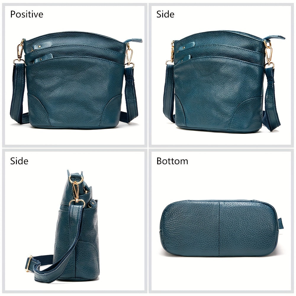 Women's Genuine Leather Crossbody Bag - Retro Style Solid Color Bucket Purse