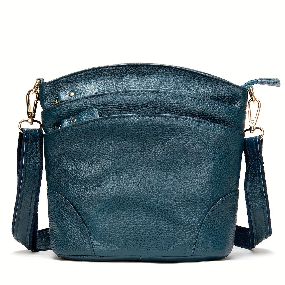 Women's Genuine Leather Crossbody Bag - Retro Style Solid Color Bucket Purse