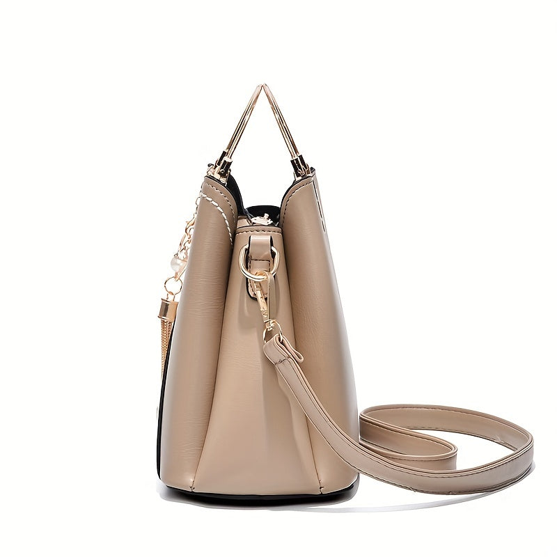 Women's Simple Colorblock Tote Bag - Classic Elegant Satchel with Tassel Pendant